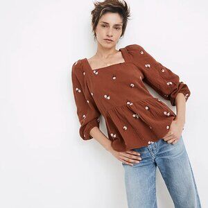 NWT Madewell Embroidered Lightspun Millbrook Puff-Sleeve Peplum Top, Sz XS